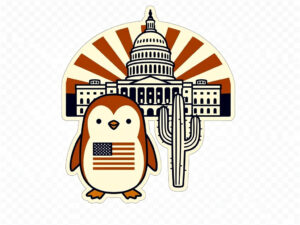 Penguin with capital building and cactus